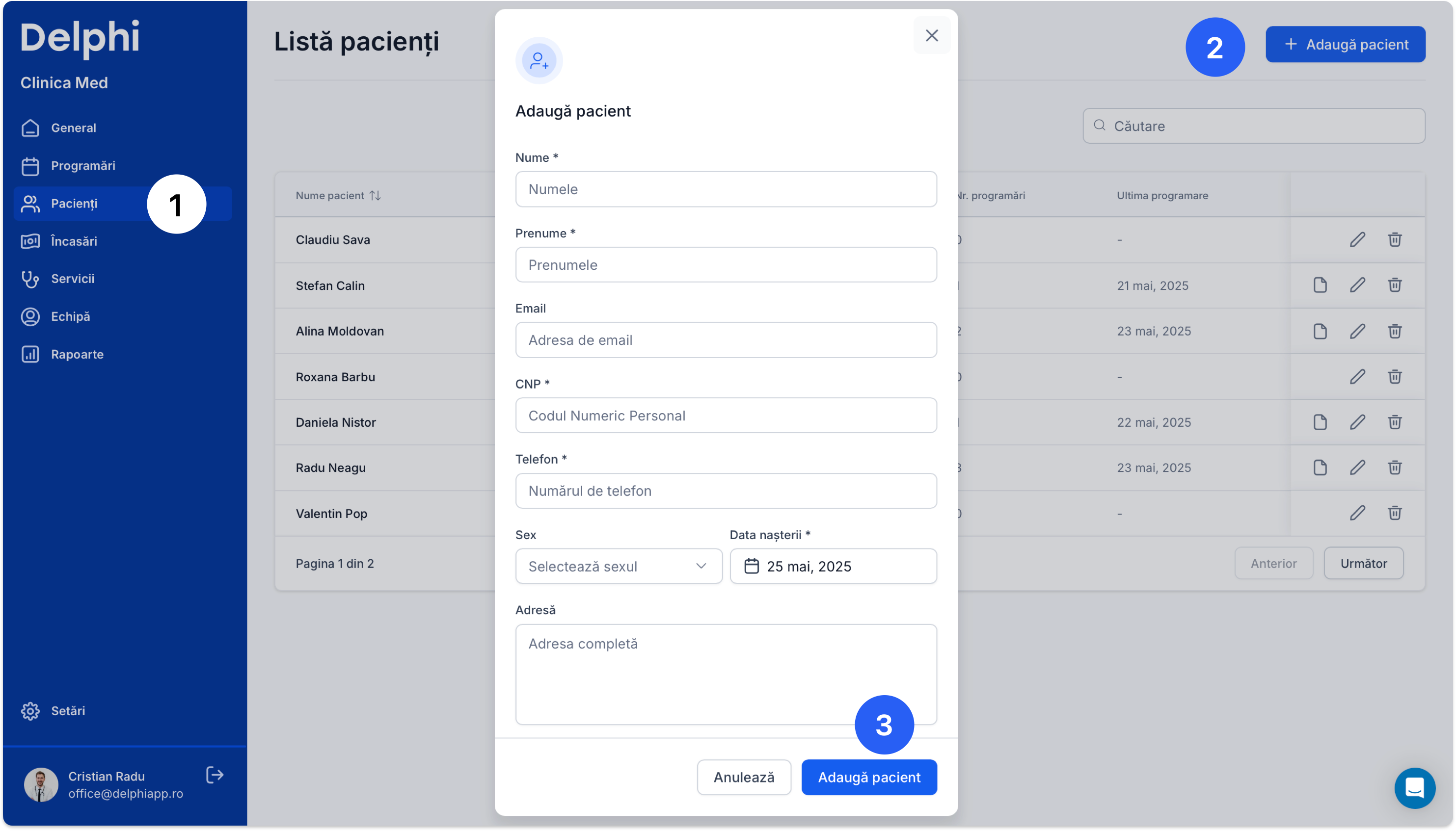 Cum adaug un pacient nou din lista pacienți